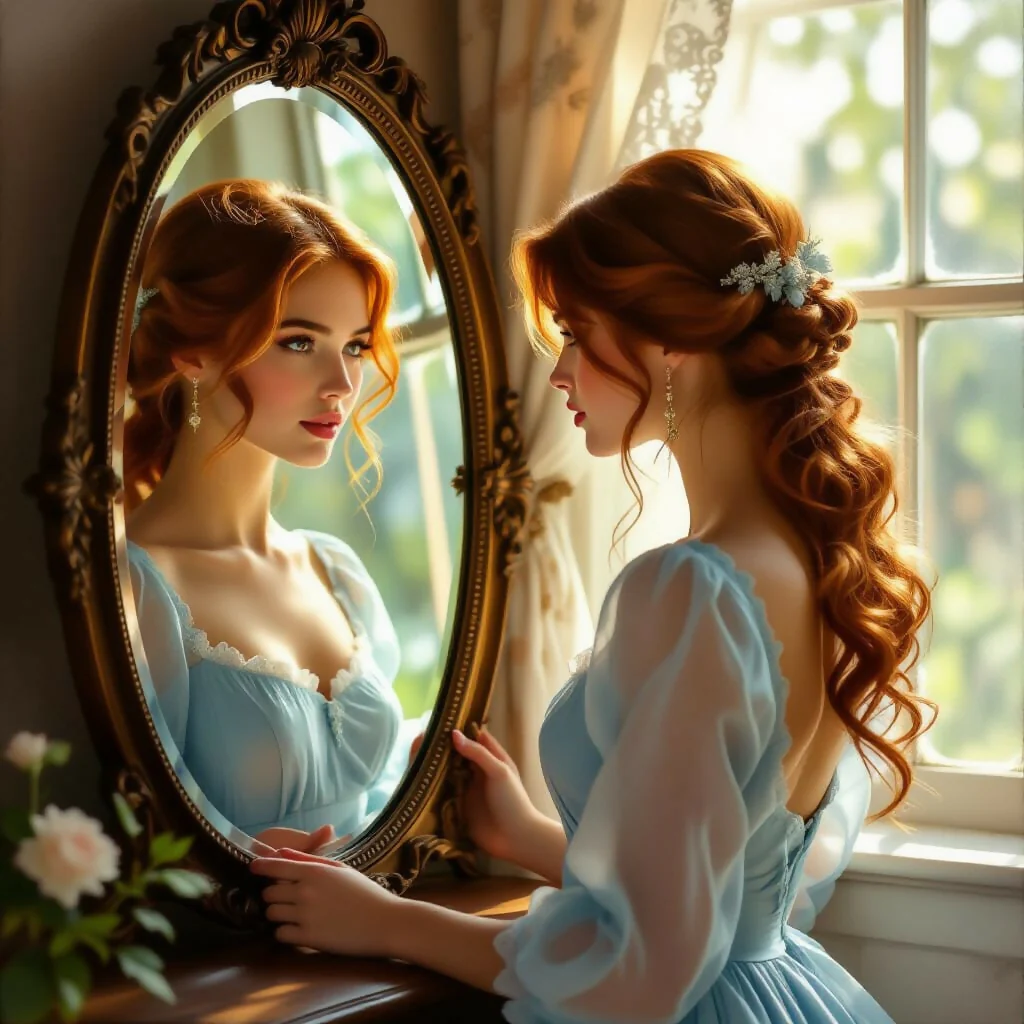 “Elegant Young Woman Gazing into Mirror