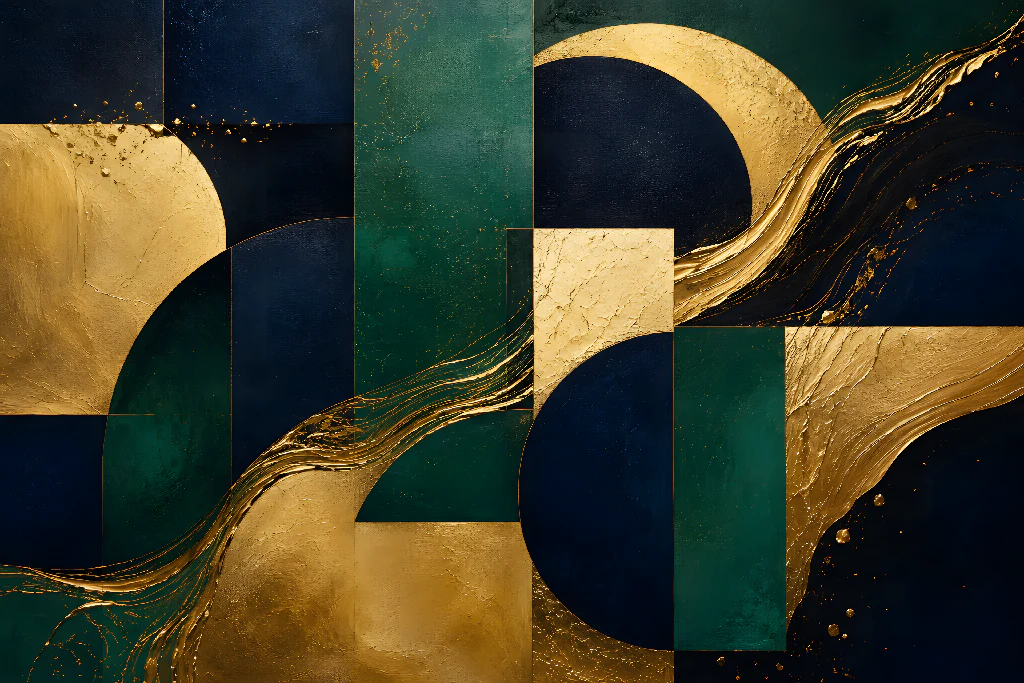 Emerald and Navy Deco: Geometric Abstract with Liquid Gold