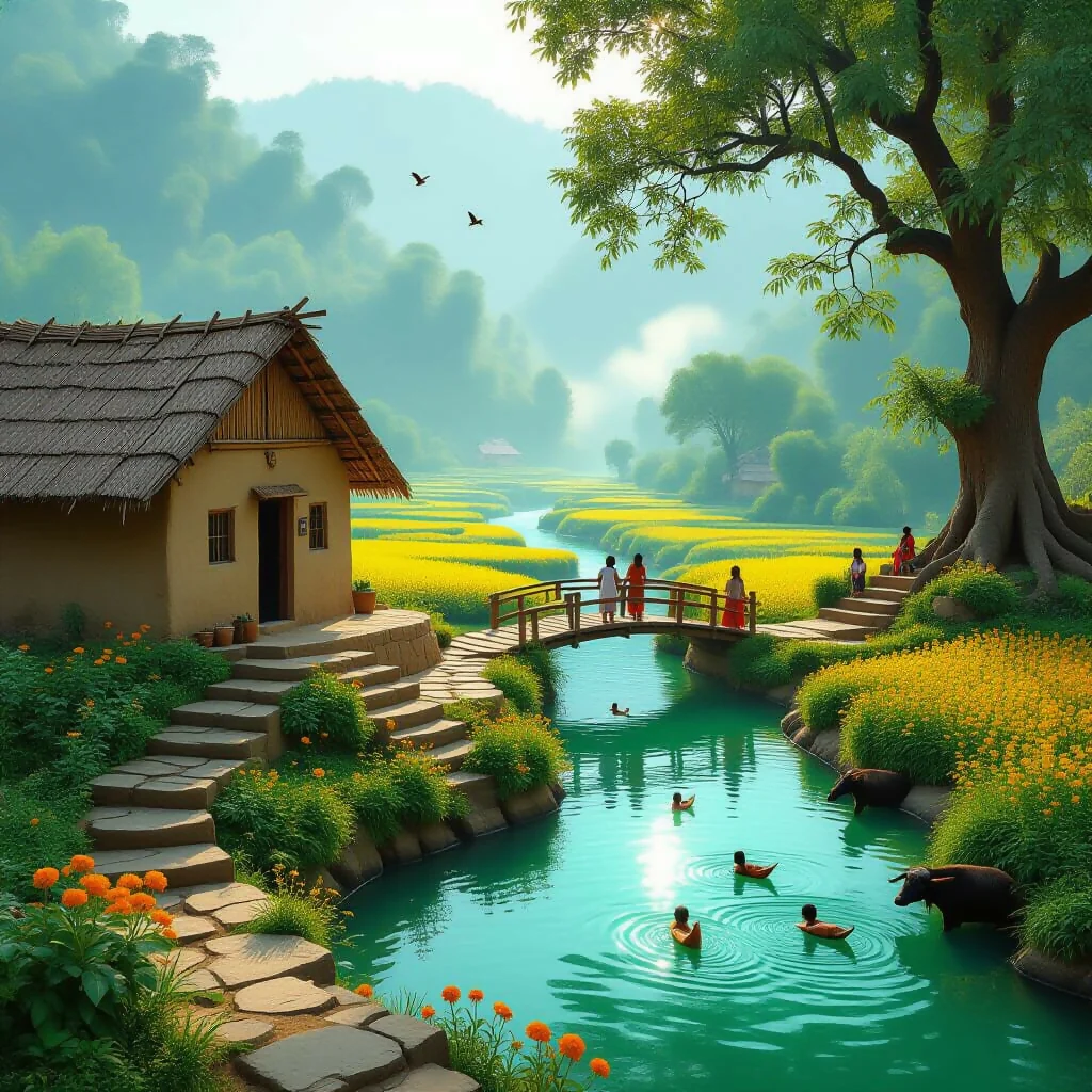 “Emerald Valley Village Riverside – Dreamy Scenic Wall Mural”