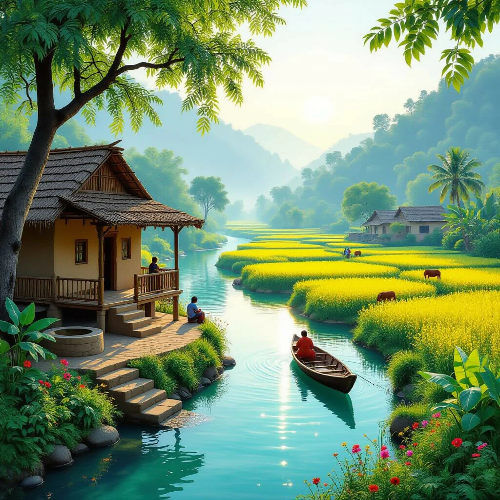 “Emerald Village River Serenity – Premium Scenic Wall Mural”