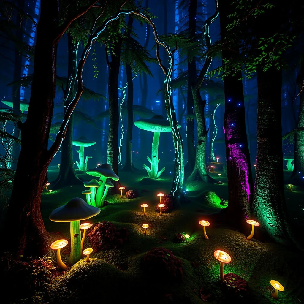 Enchanted Bioluminescent Forest with Glowing Mushrooms Fantasy Scene