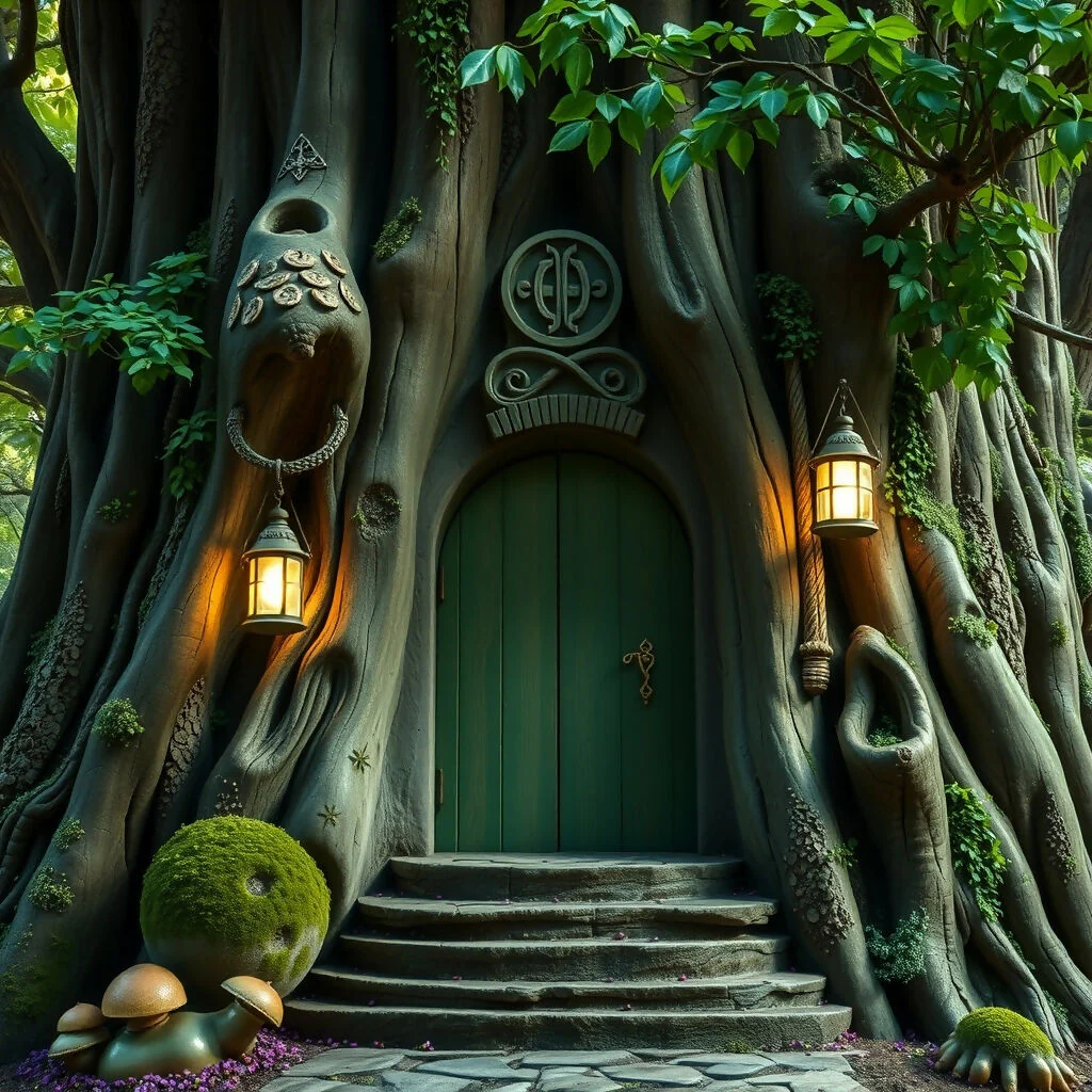 Enchanted Tree House Door with Glowing Lanterns