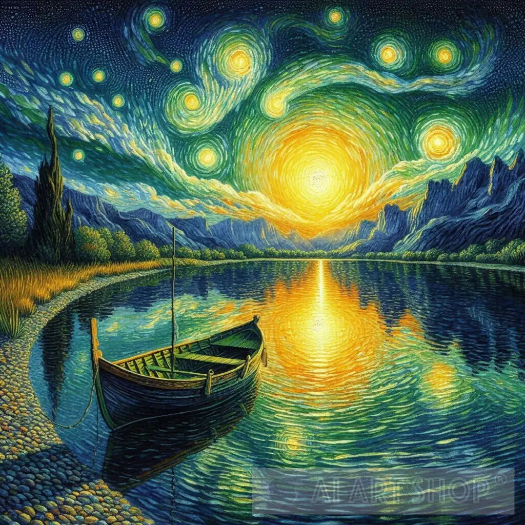 Enchanting Celestial Sunset Over Tranquil Lake