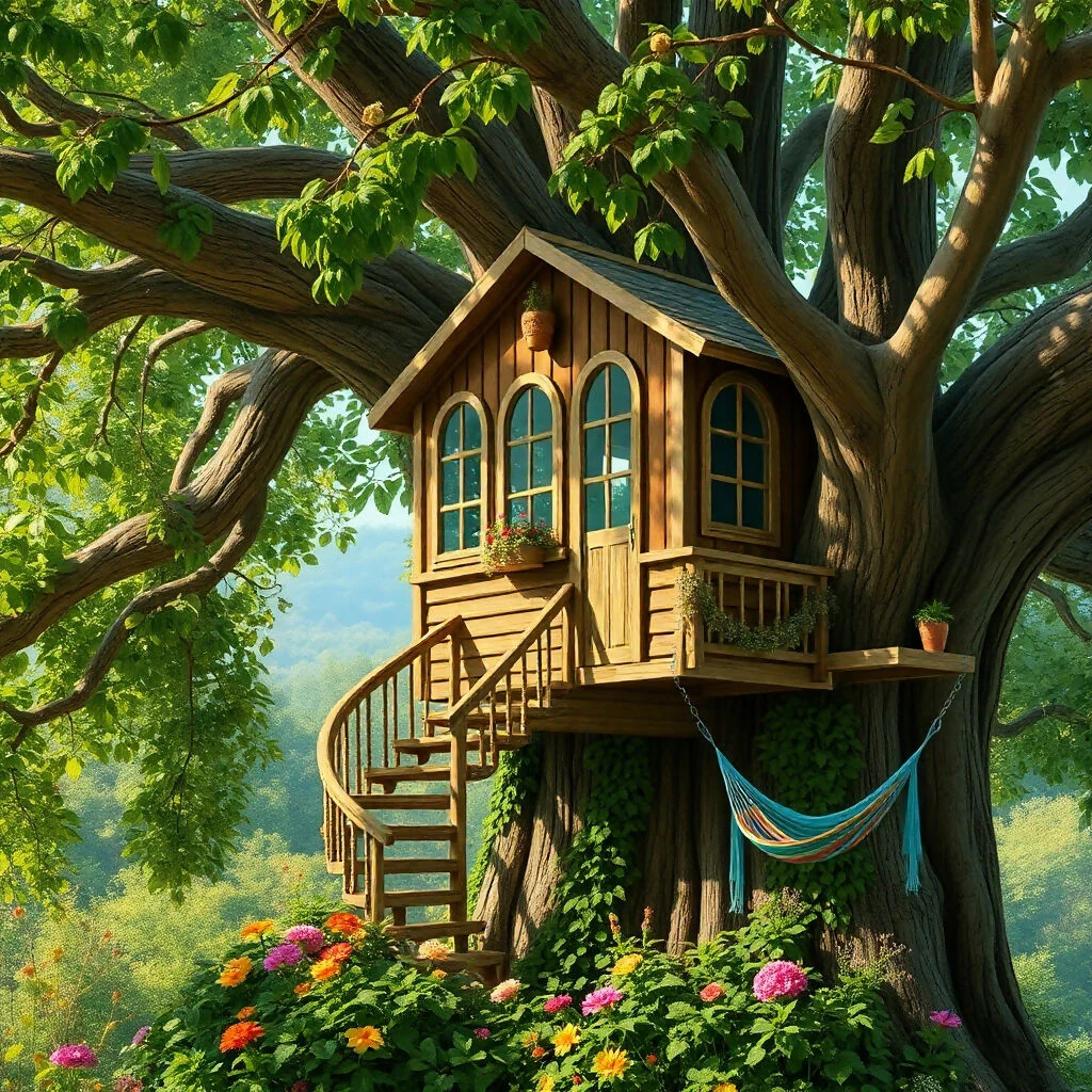 Enchanting Treehouse with Spiral Stairs in Lush Forest