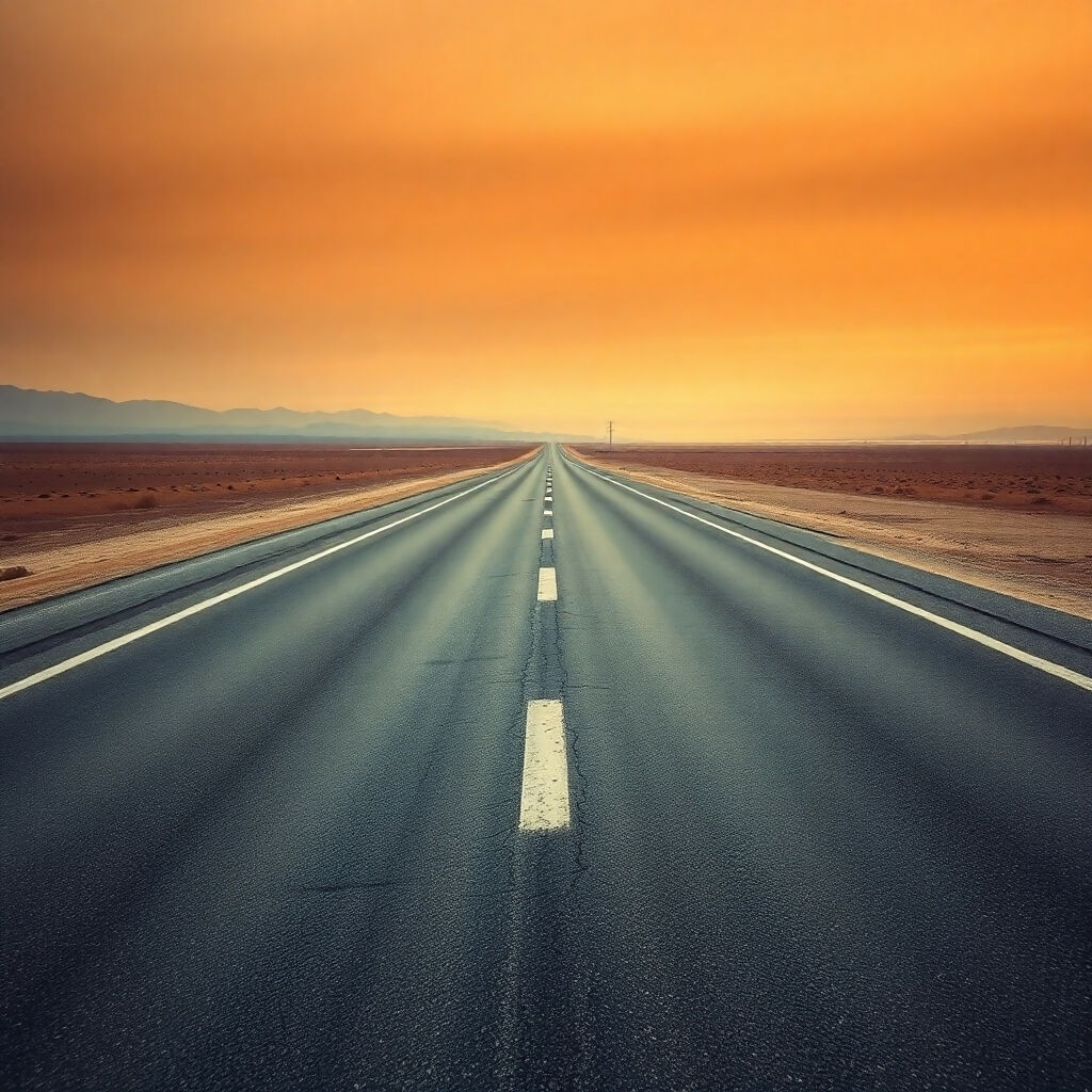 Endless Desert Highway at Golden Sunset