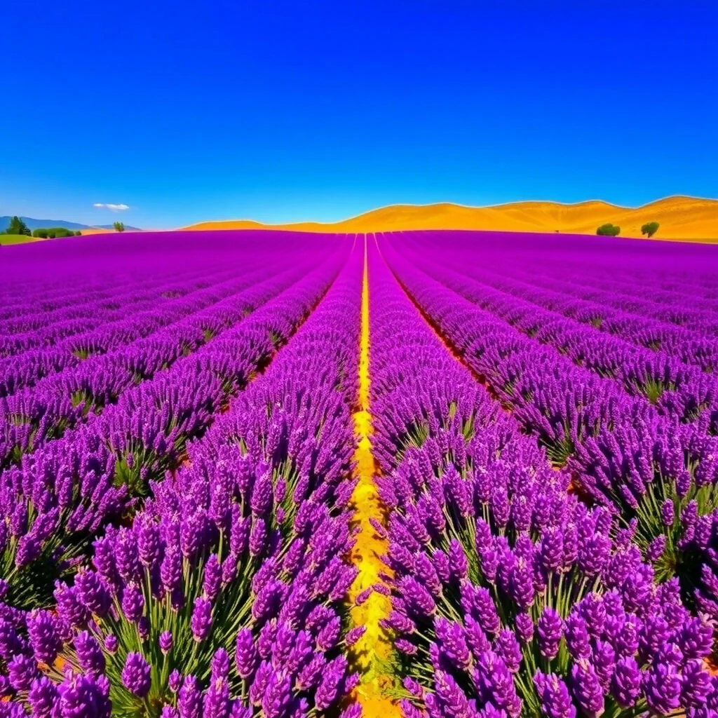 Endless Purple Lavender Fields Stretching Toward Golden Hills