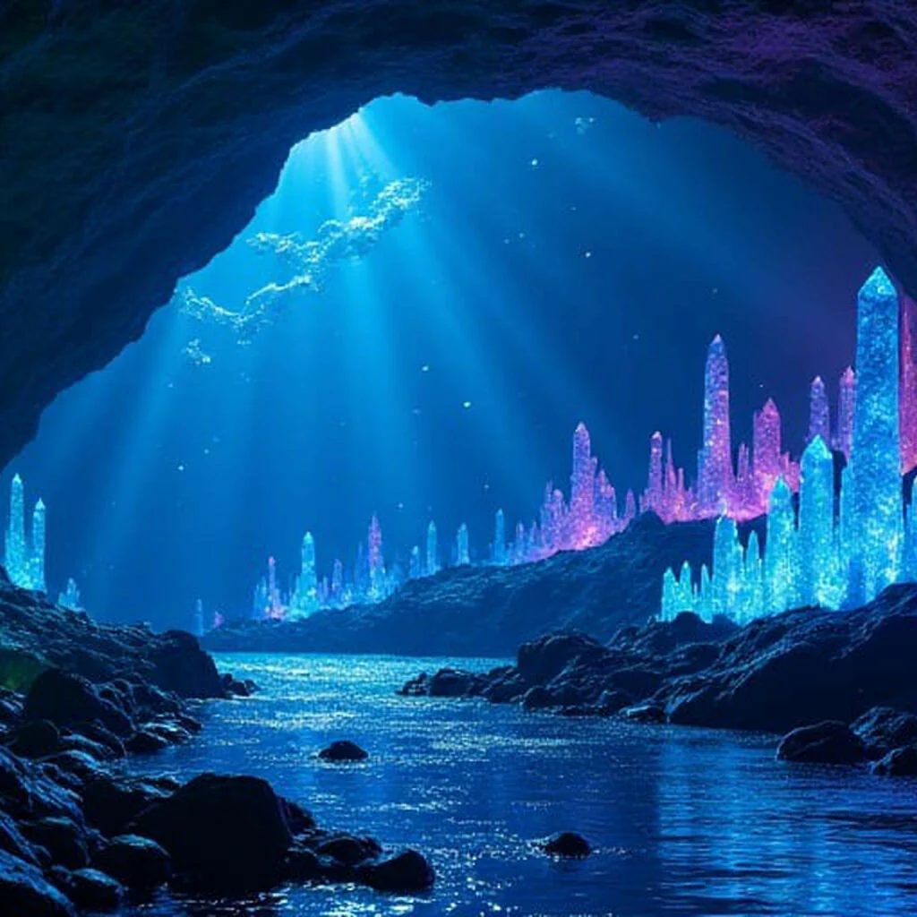 Ethereal Bioluminescent Cave With Glowing Crystals Sticker