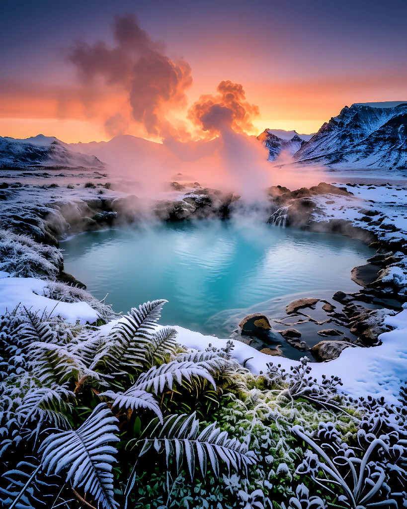 Ethereal Blue Lagoon Geothermal Spring in Snowy Mountains