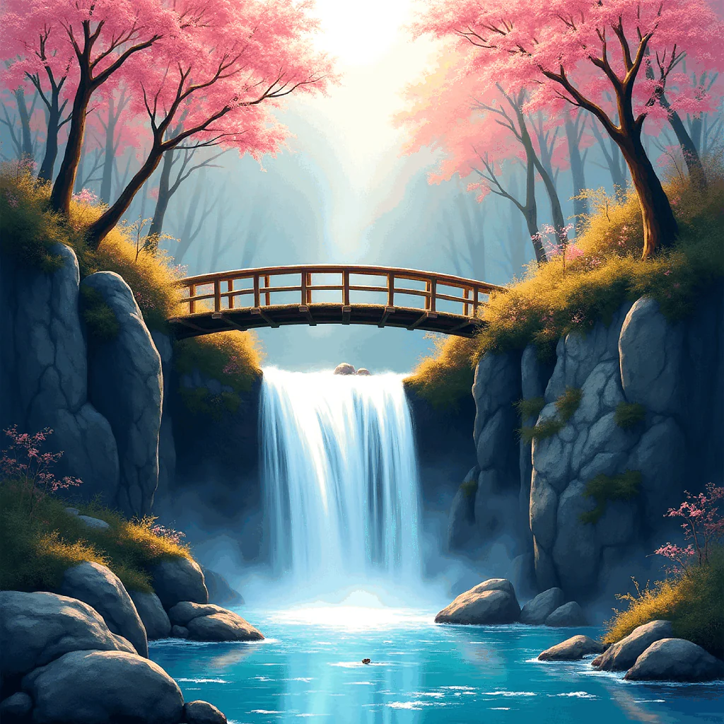 Ethereal Bridge & Mountain Waterfall