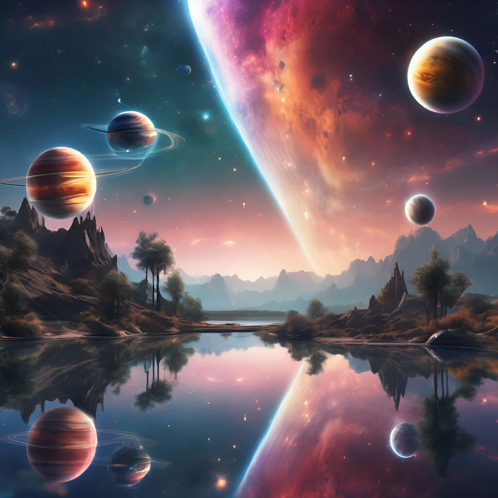 Explore a Mesmerizing Celestial Landscape: Planets Illuminating a Serene Lakeside Scenery