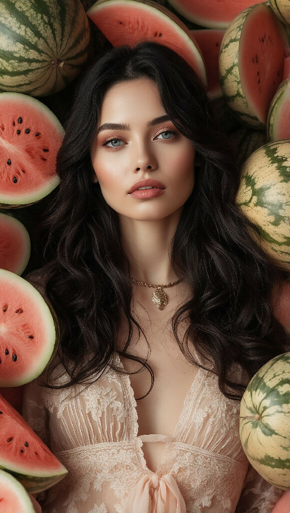 Exquisite high fashion photography of a captivating European model woman with wavy long black hair and flawless porcelain skin