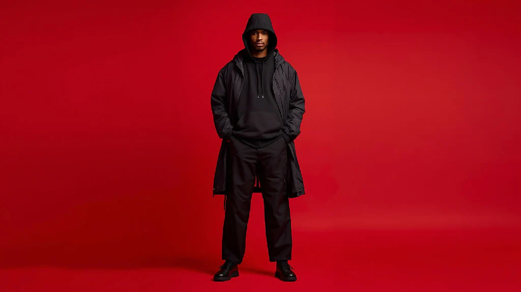 exquisite high fashion photography of a male against a red background, wearing a black hooded sweatshirt with the hood down, a short black windbreaker, wide black pants, and black matte shoes, photographed full-length with hands in jacket pockets.