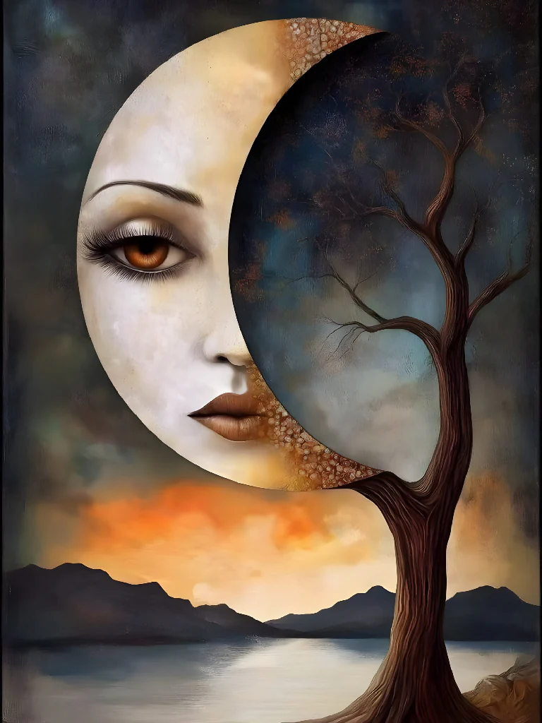 Face of the Surreal Moon with Tree and Landscape