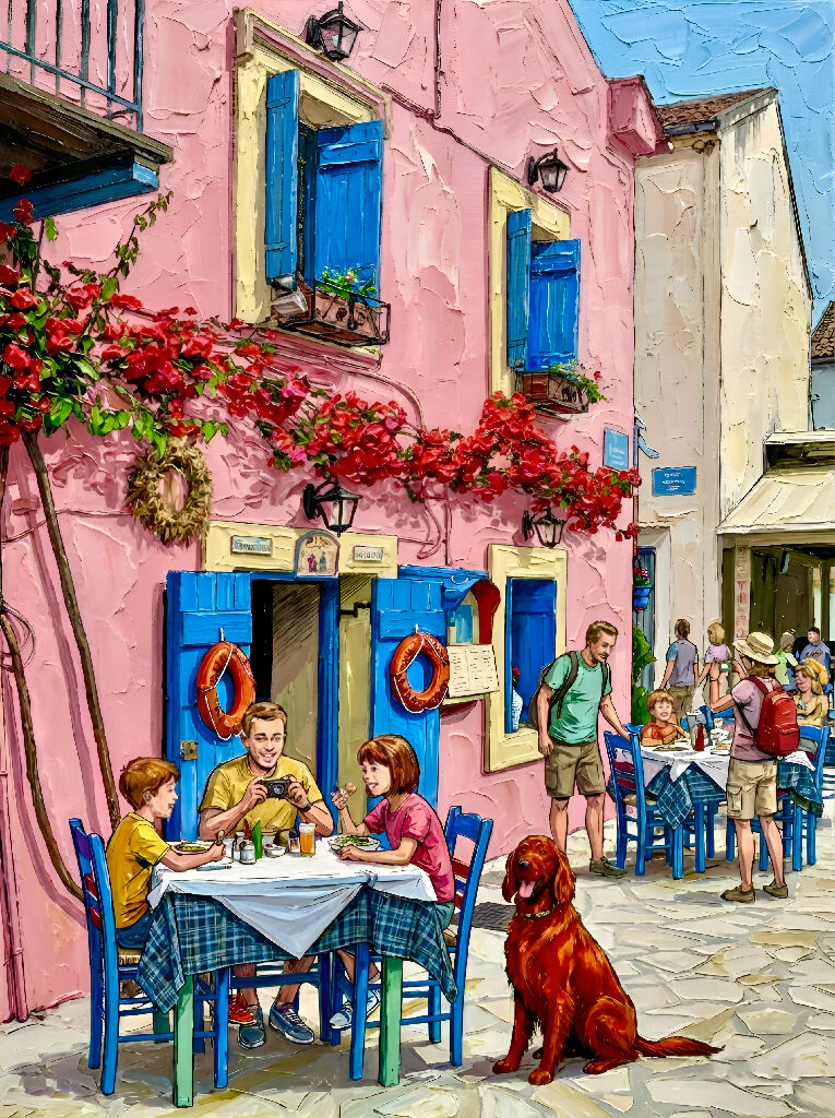 Family Dining in a Colorful Mediterranean Restaurant