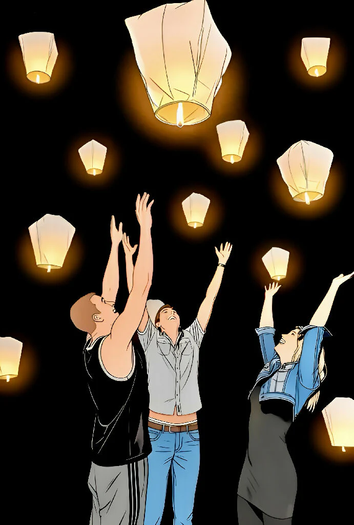 Family Releasing Sky Lanterns at Night