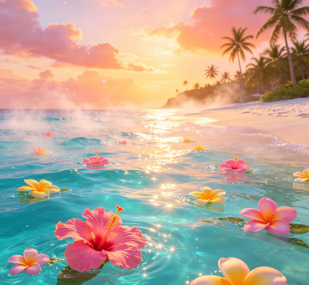 fantasy tropical beach photography backdrop with glowing turquoise water and floating tropical flowers - Image 2