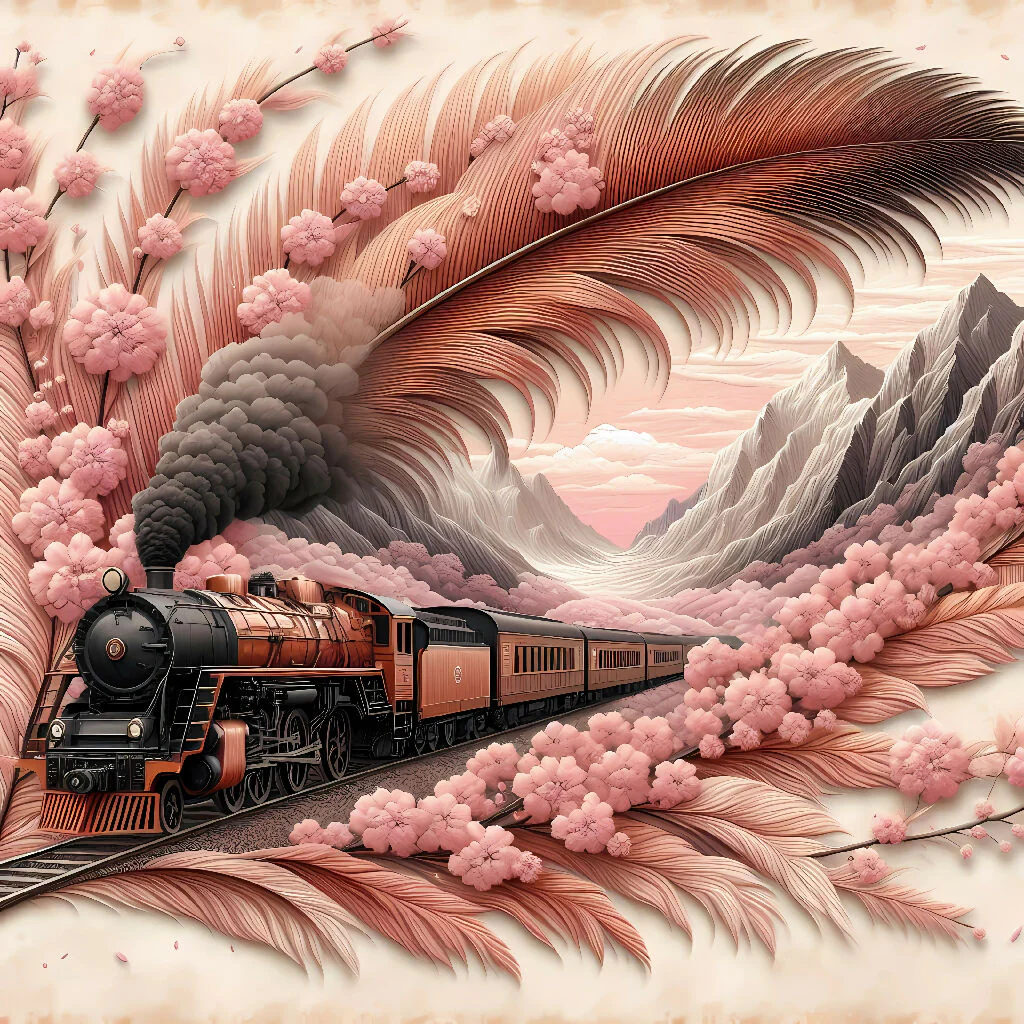 "Featherline Journey: A Steam Train Through Blossoms and Painted Peaks"