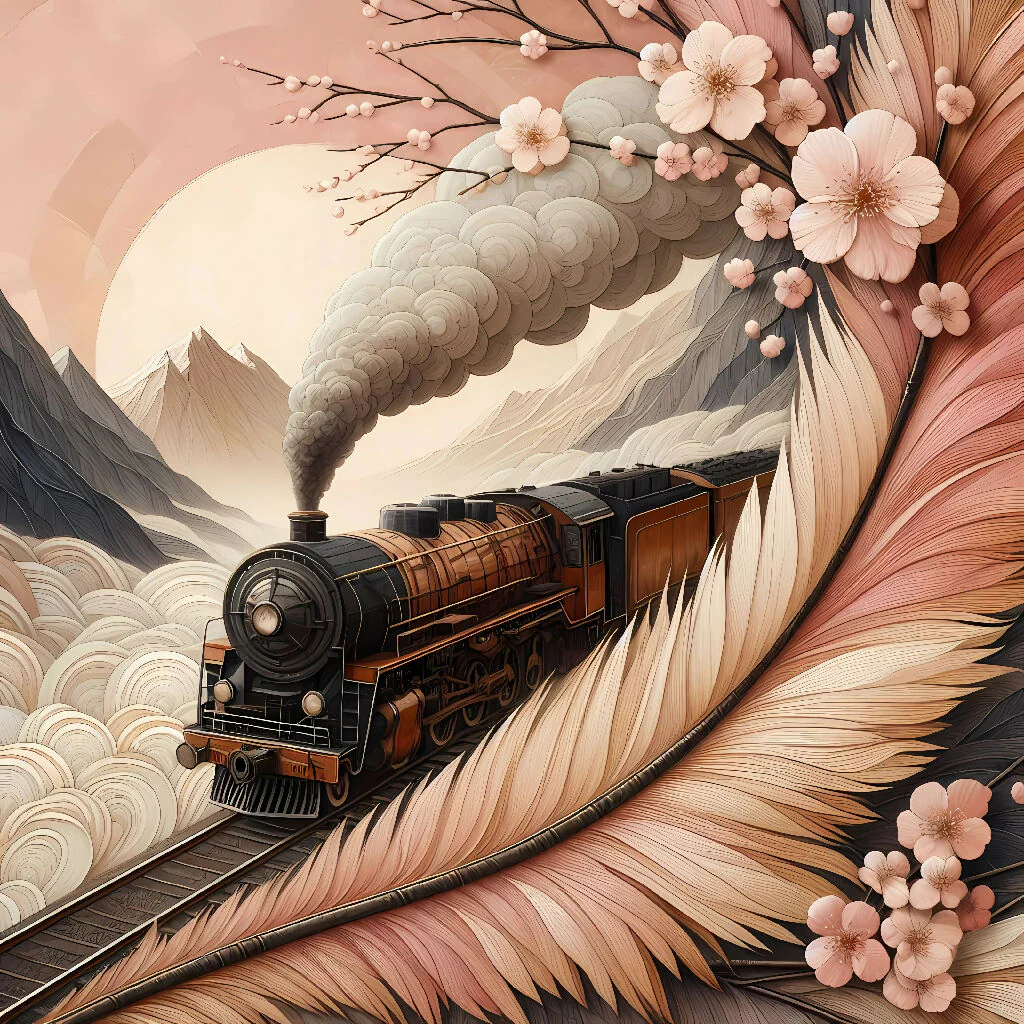 "Featherline Journey: A Steam Train Through Blossoms and Painted Peaks" - Image 2