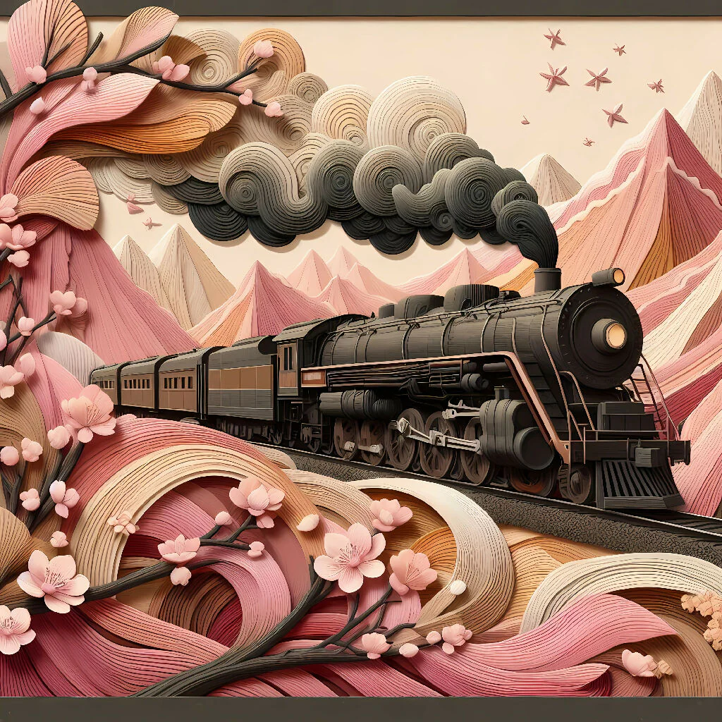 "Featherline Journey: A Steam Train Through Blossoms and Painted Peaks" - Image 3