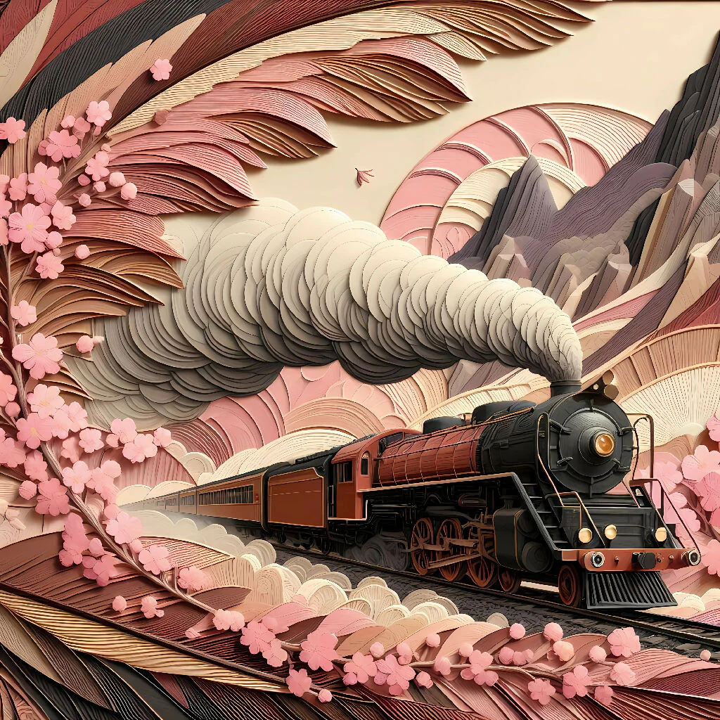 "Featherline Journey: A Steam Train Through Blossoms and Painted Peaks" - Image 4