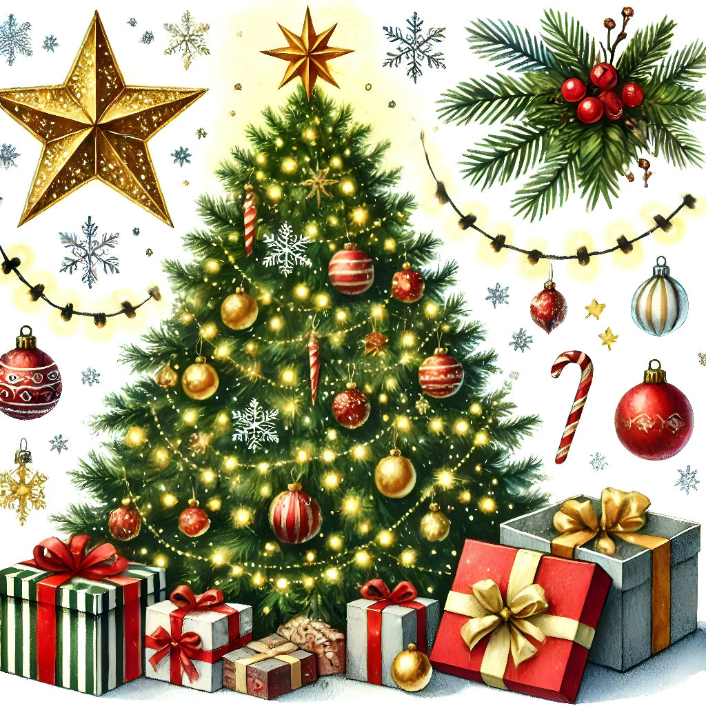 Festive Christmas Tree with Decorations and Gifts