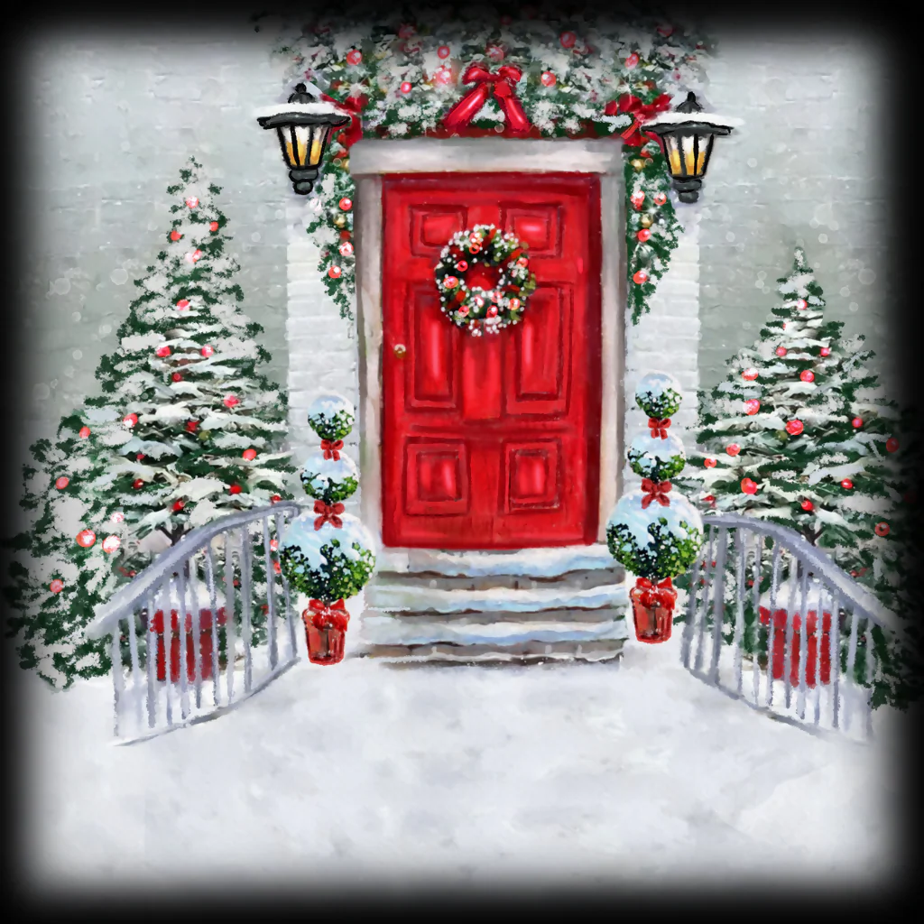 Festive Red Door Christmas Scene - Elegant Art for Your Holiday Décor