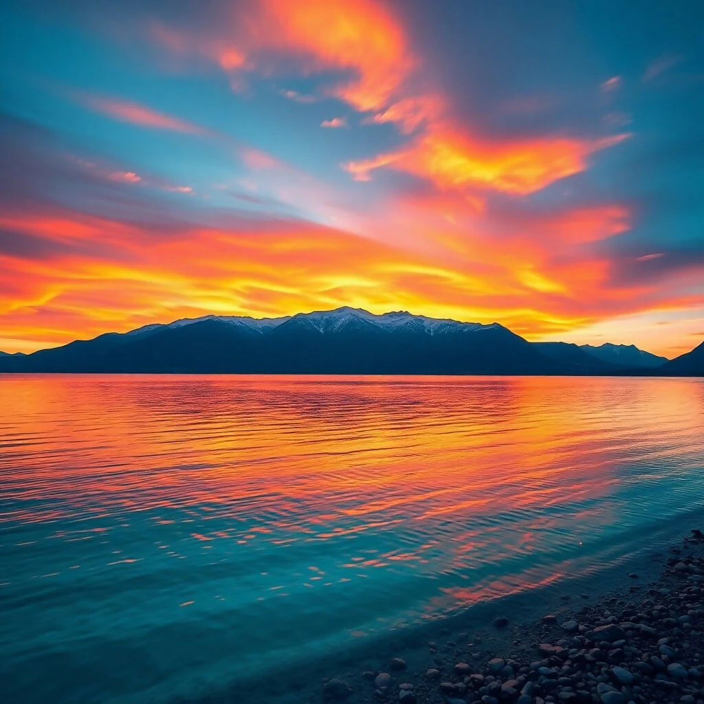Fiery Sunset Over Mountain Lake with Vibrant Sky