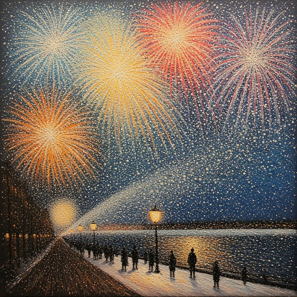 Fireworks, lights and snow