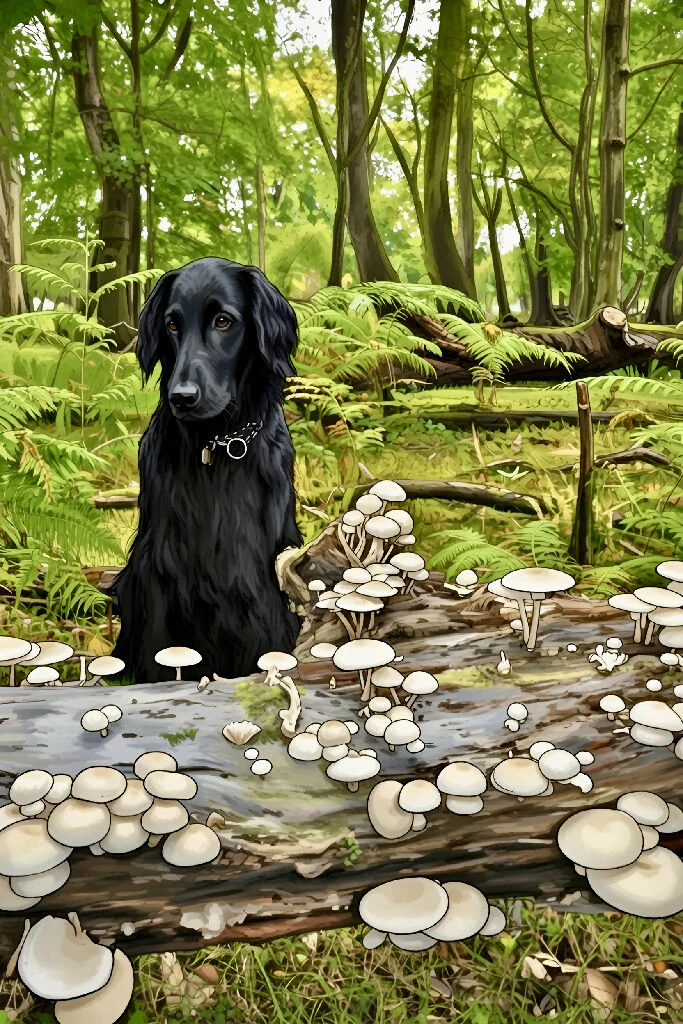 Flat-Coated Retriever and Porcelain Mushrooms.