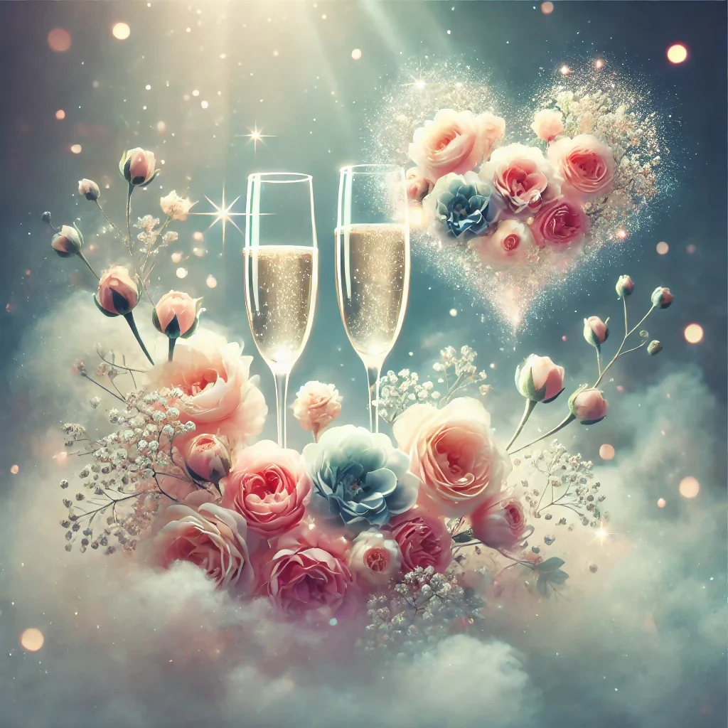 Floating Champagne Toast Over Floral Heart