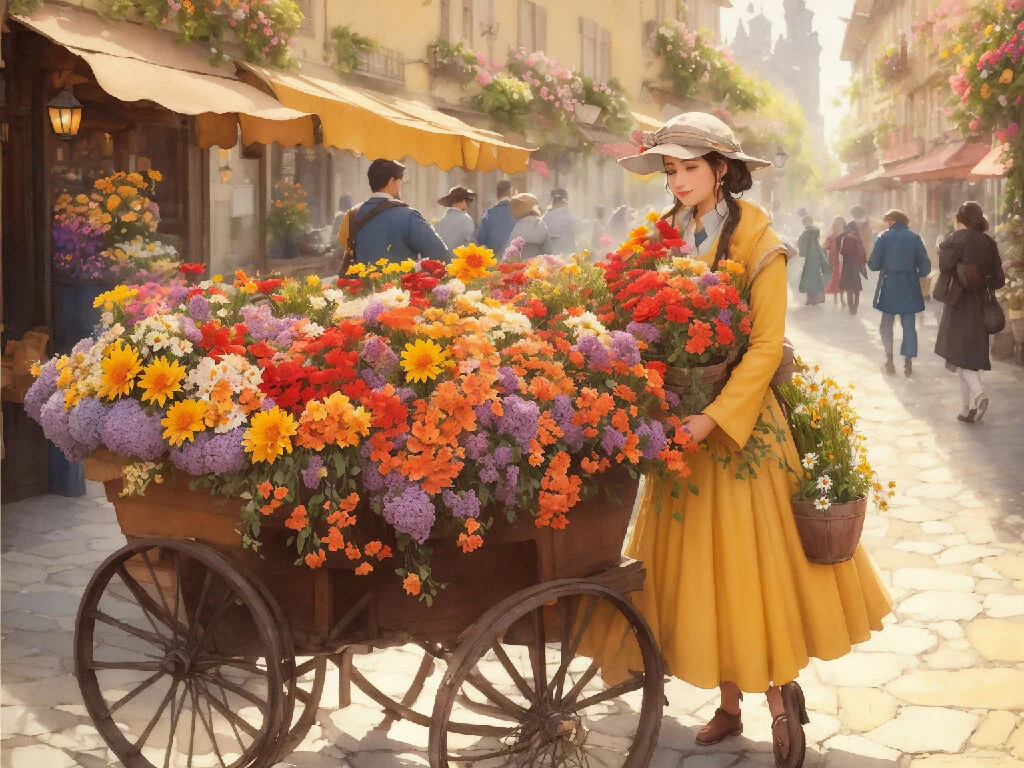 Flower Seller in a Bustling City Square