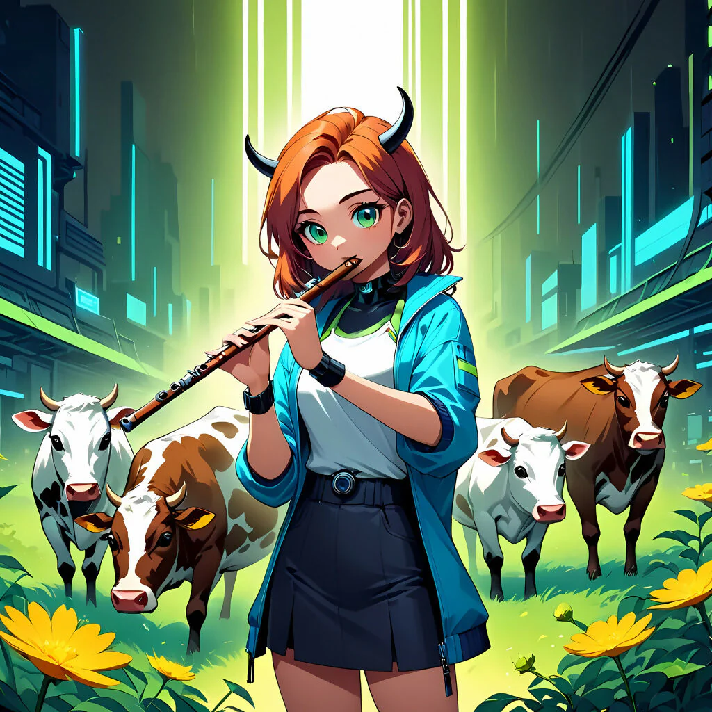 Flute in the Neon Meadow: A Surreal Harmony