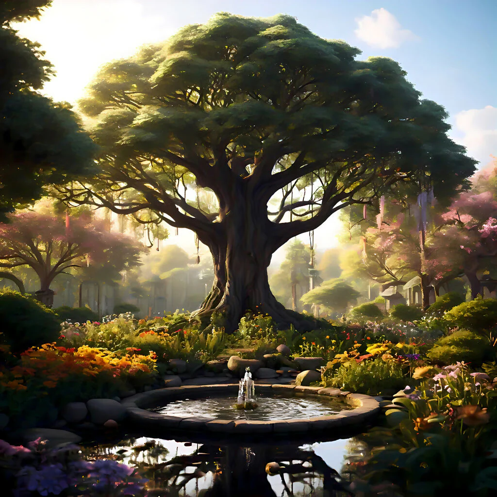 Fountain of Serenity: Garden Beneath the Ancient Tree