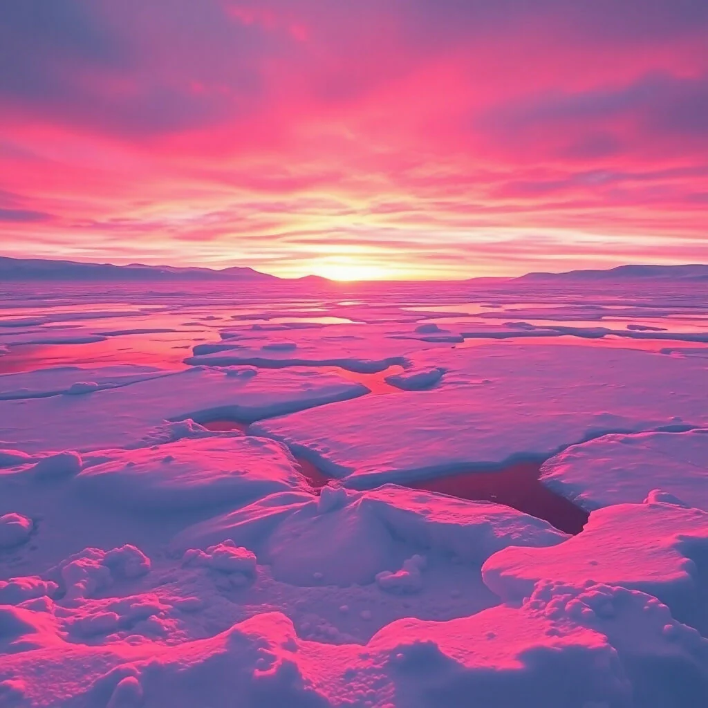Frozen Landscape with Pink and Purple Sunset Reflections