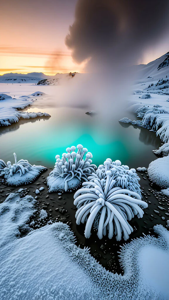 Frozen Oasis: Surreal Thermal Pool in Winter Wilderness