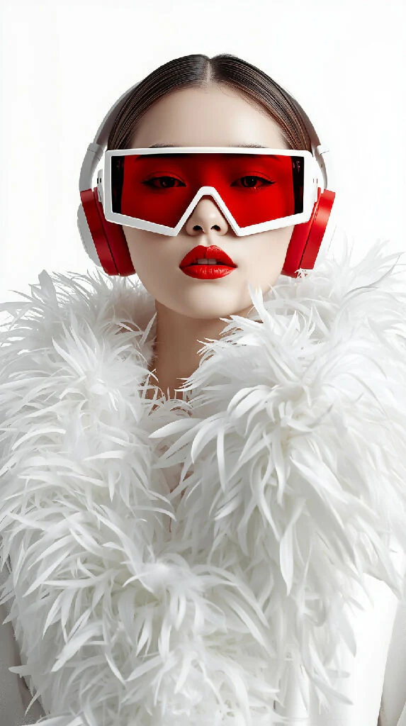 Full-body digital clipart of a stylish Korean female model, shown from head to toe, with porcelain-pale skin and vivid red lips. She wears sleek white angular goggles with vibrant red lenses and matching red headphones, partially hidden by a voluminous wh