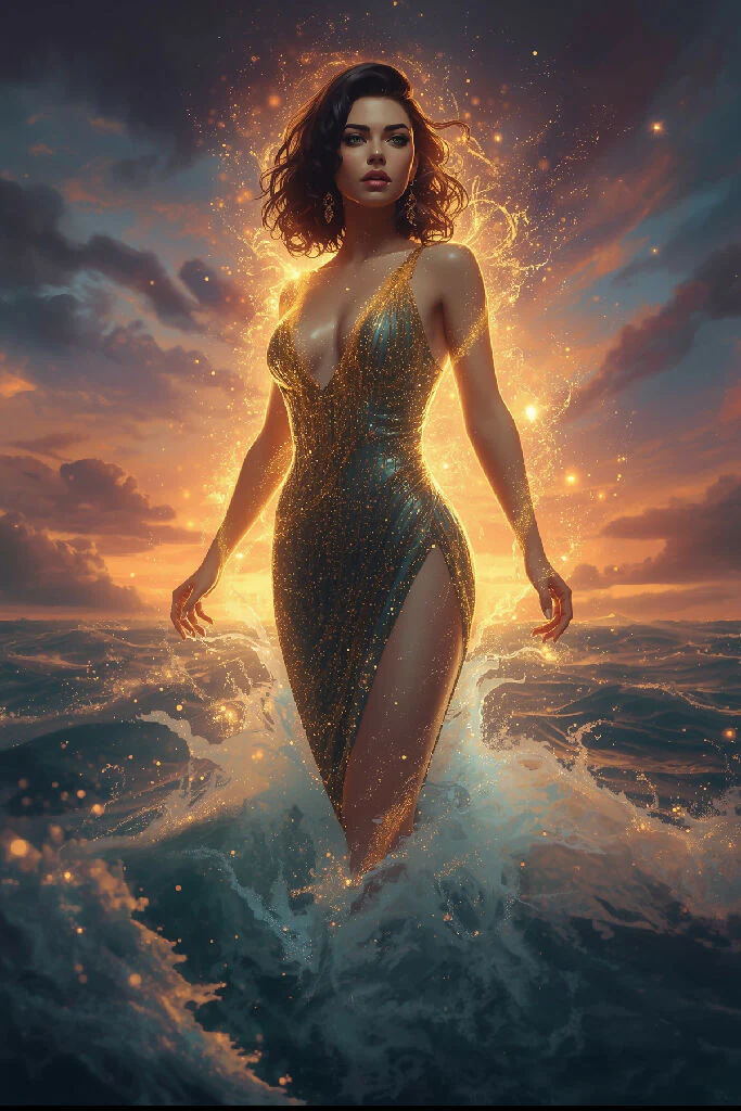 Full-body shot of a powerful goddess emerging reborn from the ocean at sunset