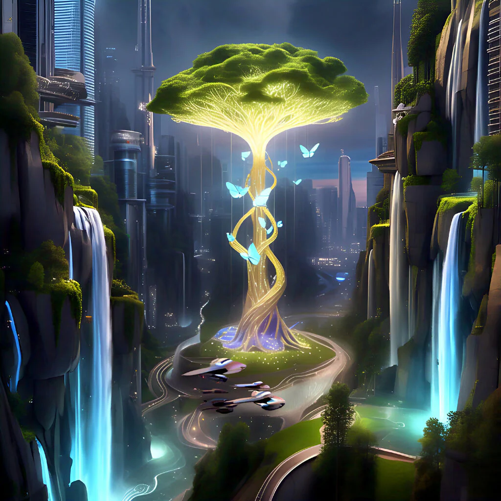 FuturCascade: Visionary Waterfall Cityscape