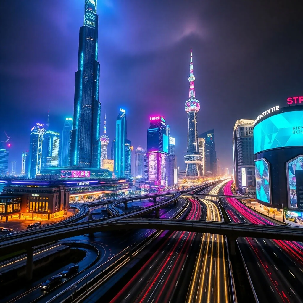 Futuristic Shanghai Skyline with Neon Lights at Night