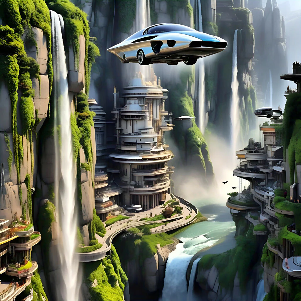 Futuristic Waterfall Canyon Cityscape