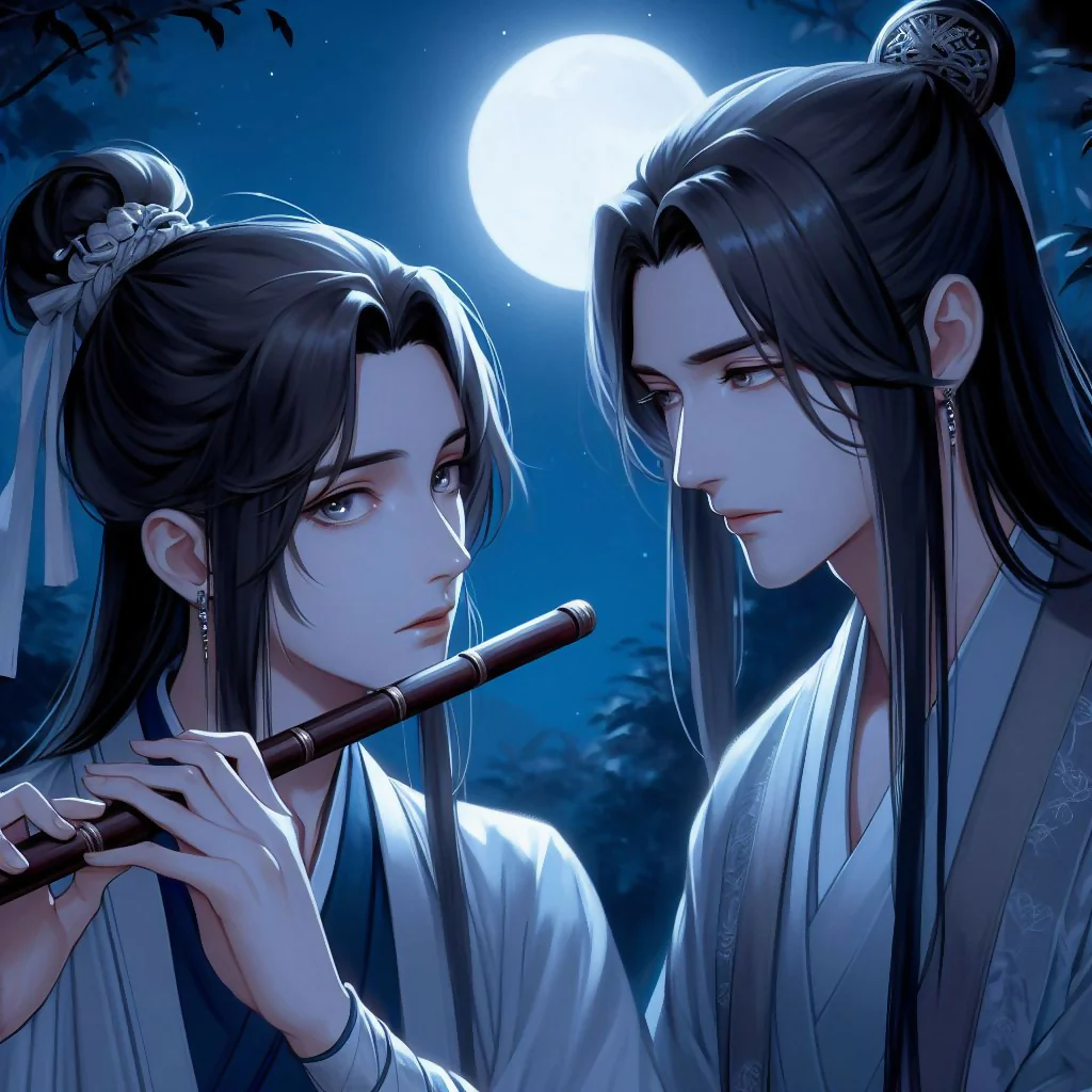 Gay Lover Playing Flute Under the Moon