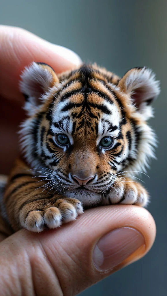Gentle Giant: Tiny Tiger Cub Resting on Human Fingers