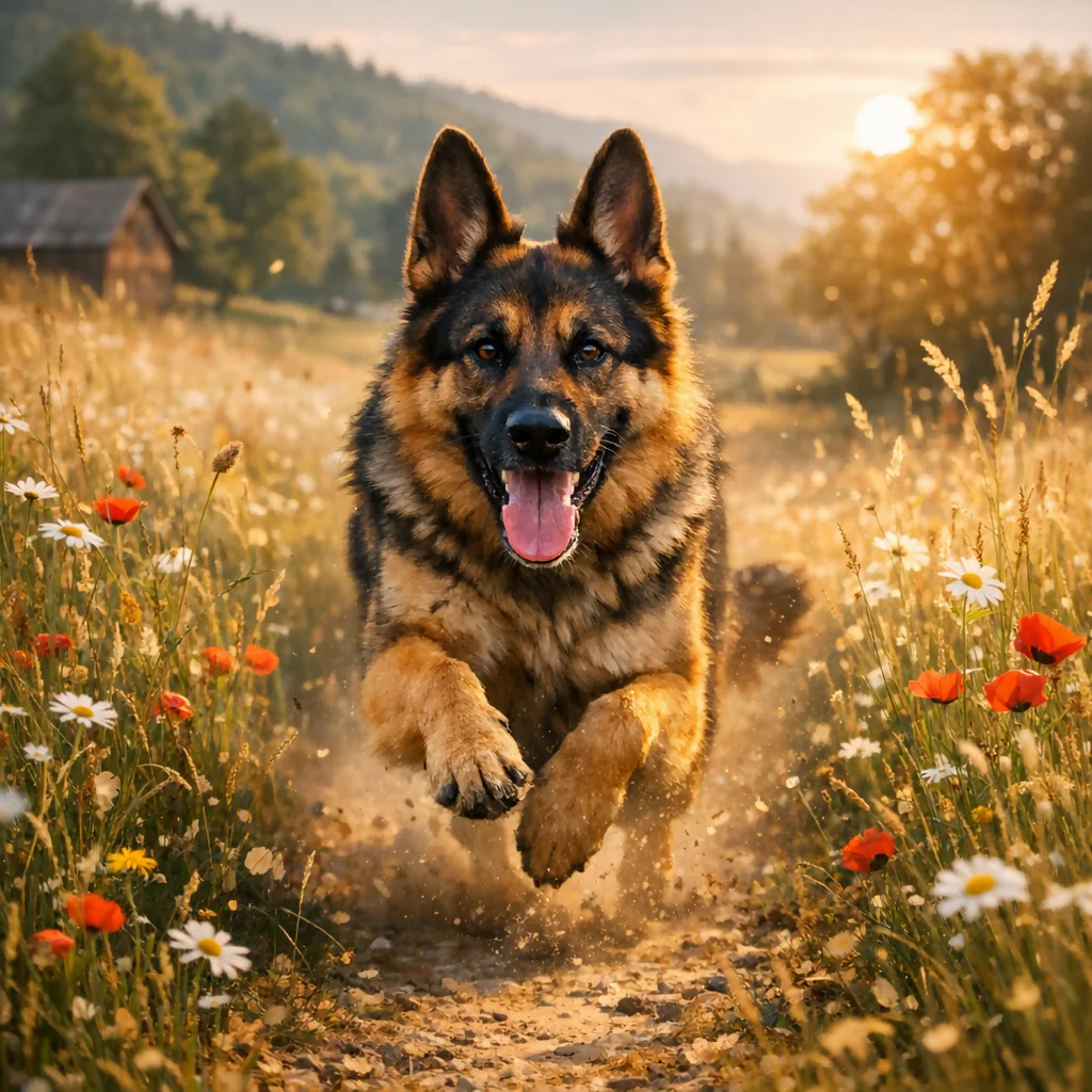 German Shepherd Running Through a Sunlit Field – Photorealistic