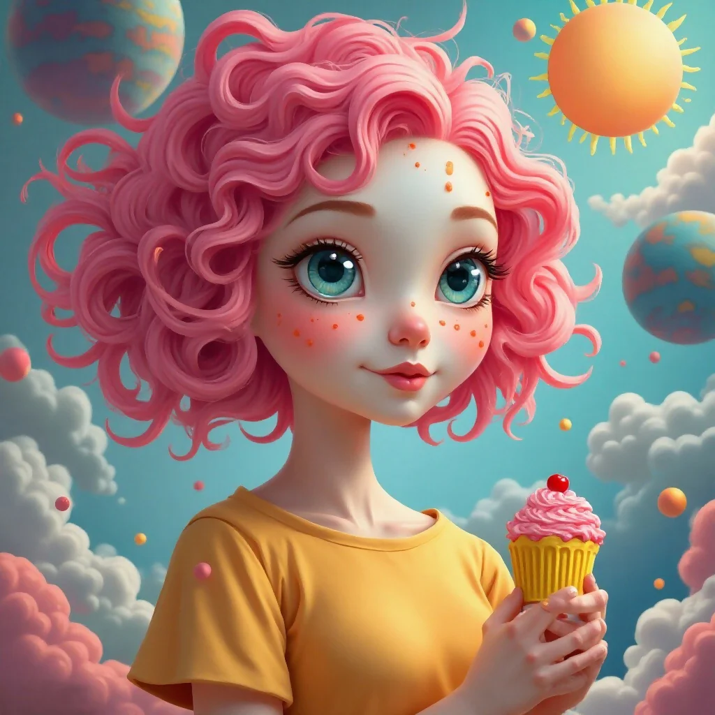 Girl with Cupcake in a Whimsical Sky