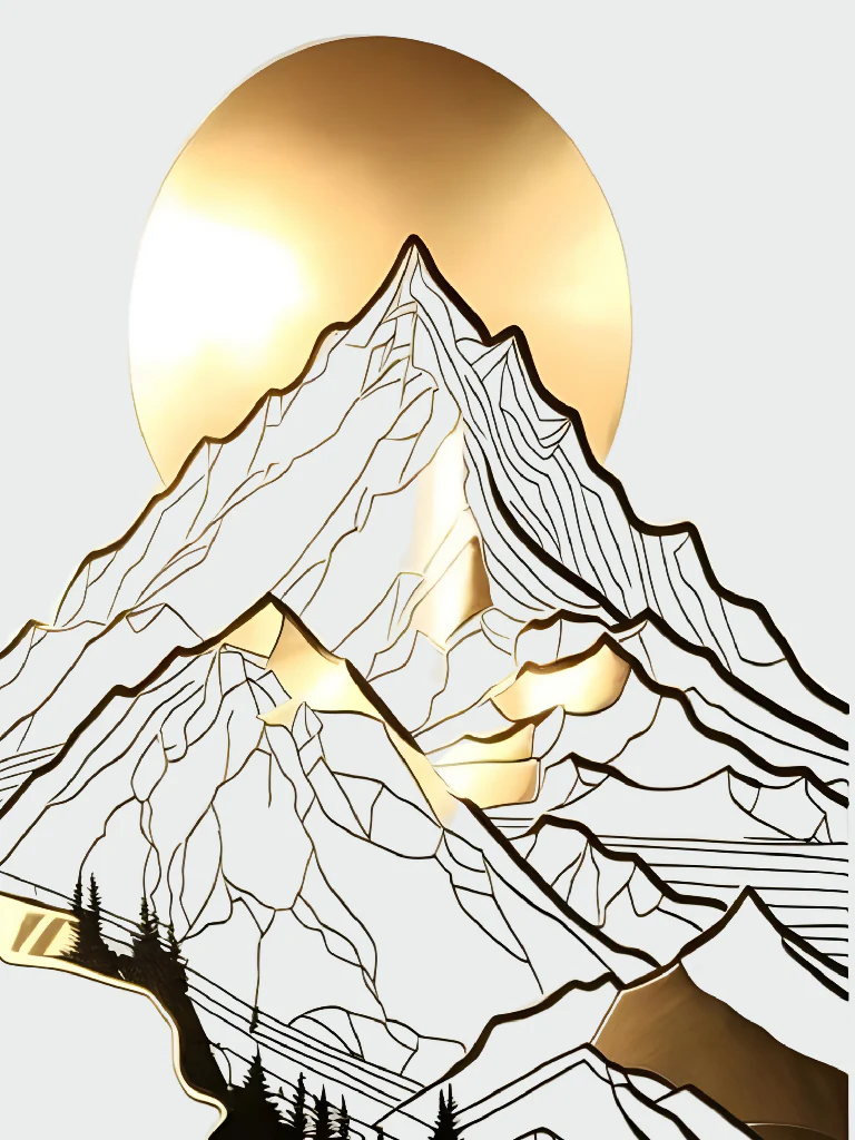 Golden Mountain Sunrise Minimalist Digital Art of Majestic Peaks and Sun