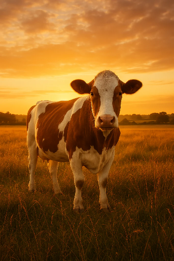 “Golden Serenity – Cow in Sunset Field”
