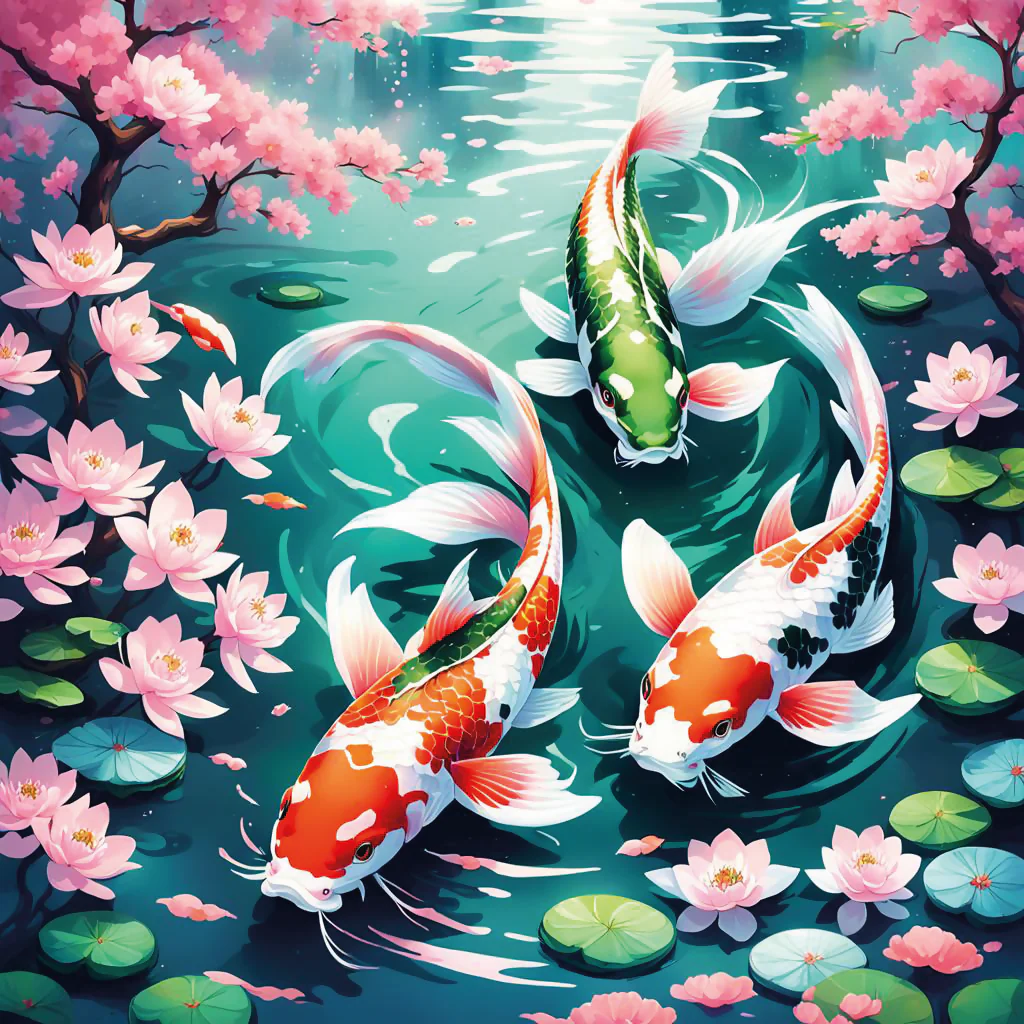 Graceful Koi Fish Swimming Amidst Sakura Blooms