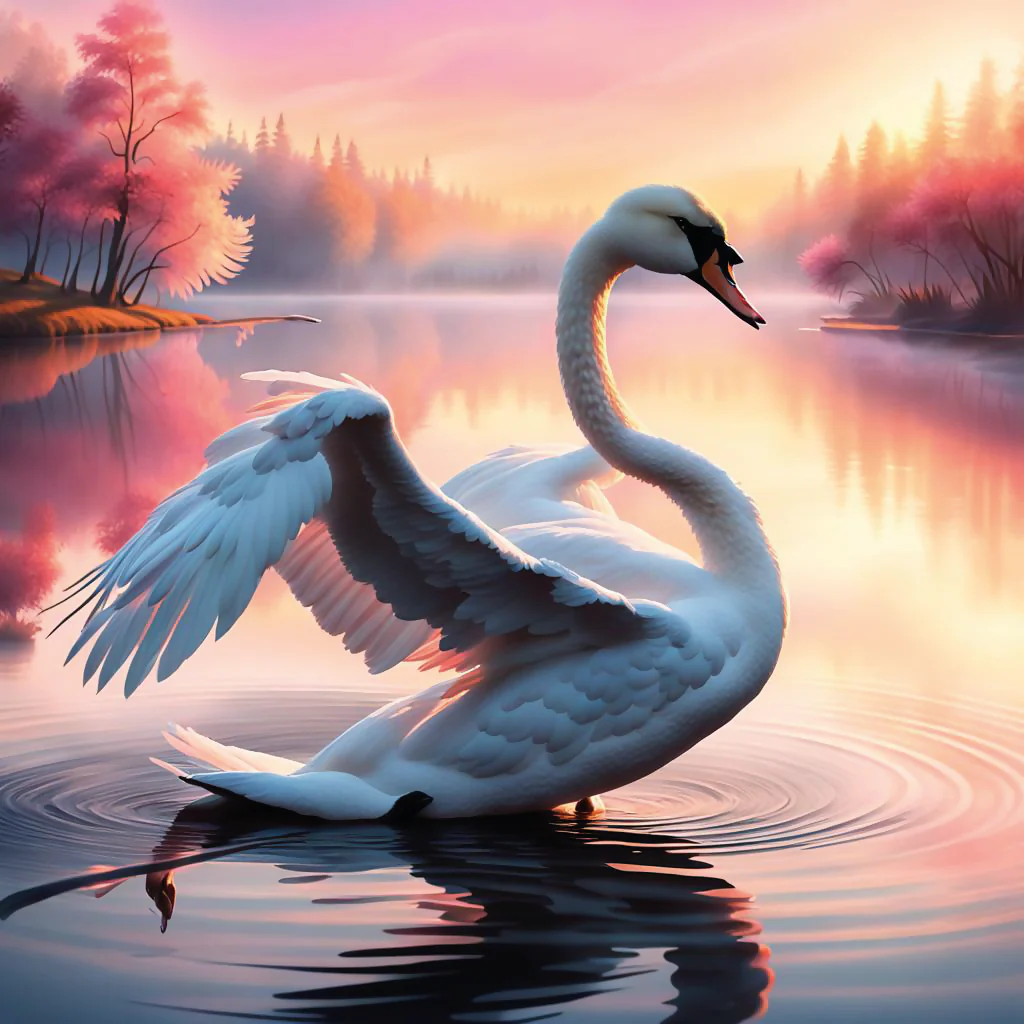 Graceful Swan at Sunrise - Peaceful Lake Artwork