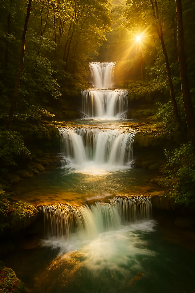 green forest with a cascading waterfall flowing through it 2