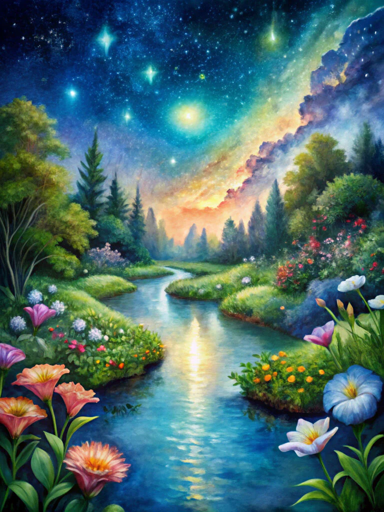 Hand Painted Night Sky Landscape Starry Night Forest In Celestial Serenity